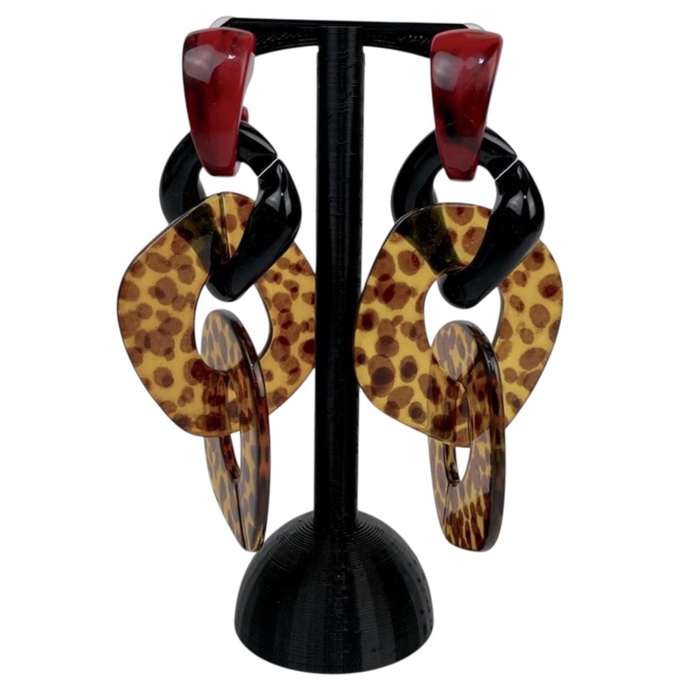 🆕 Leopard Link Earrings with Balck/Red Accents NWT Fab Vintage Look